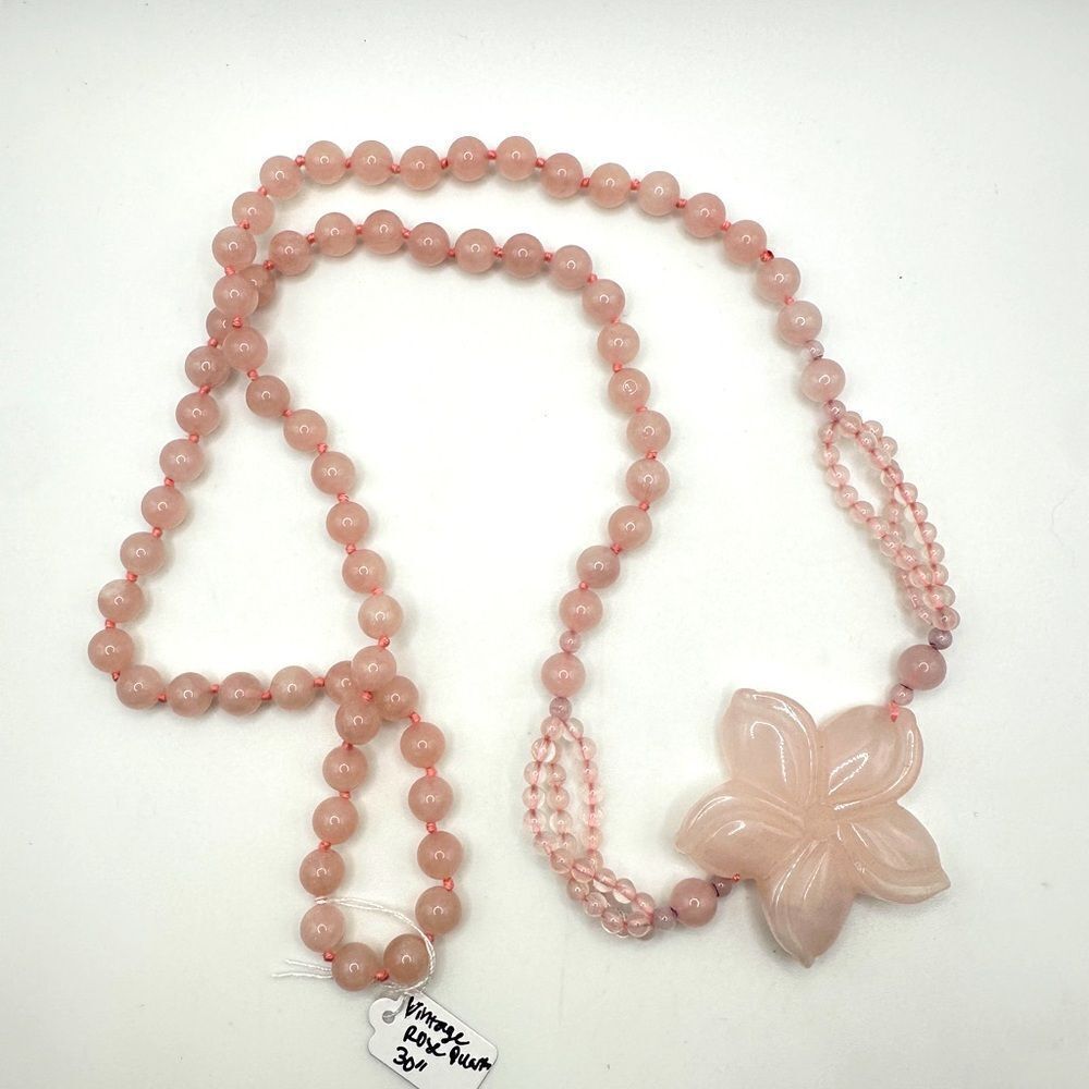 Solid rose quartz beaded and carved flower pendant necklace!